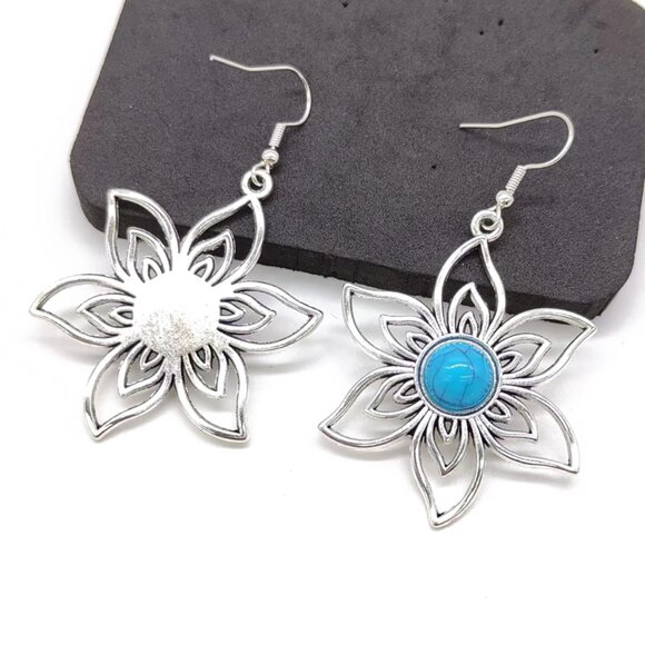 3/$35 Silver Large Turquoise Blue Flower Drop Dangle Hook Slide Earrings Jewelry - Picture 4 of 6